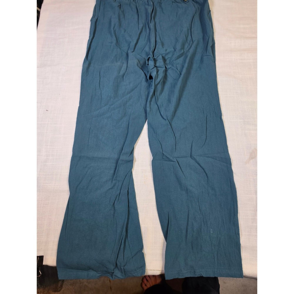 Teal Blue Crinkle Wide Leg Drawstring Pants Relaxed Fit Size Large